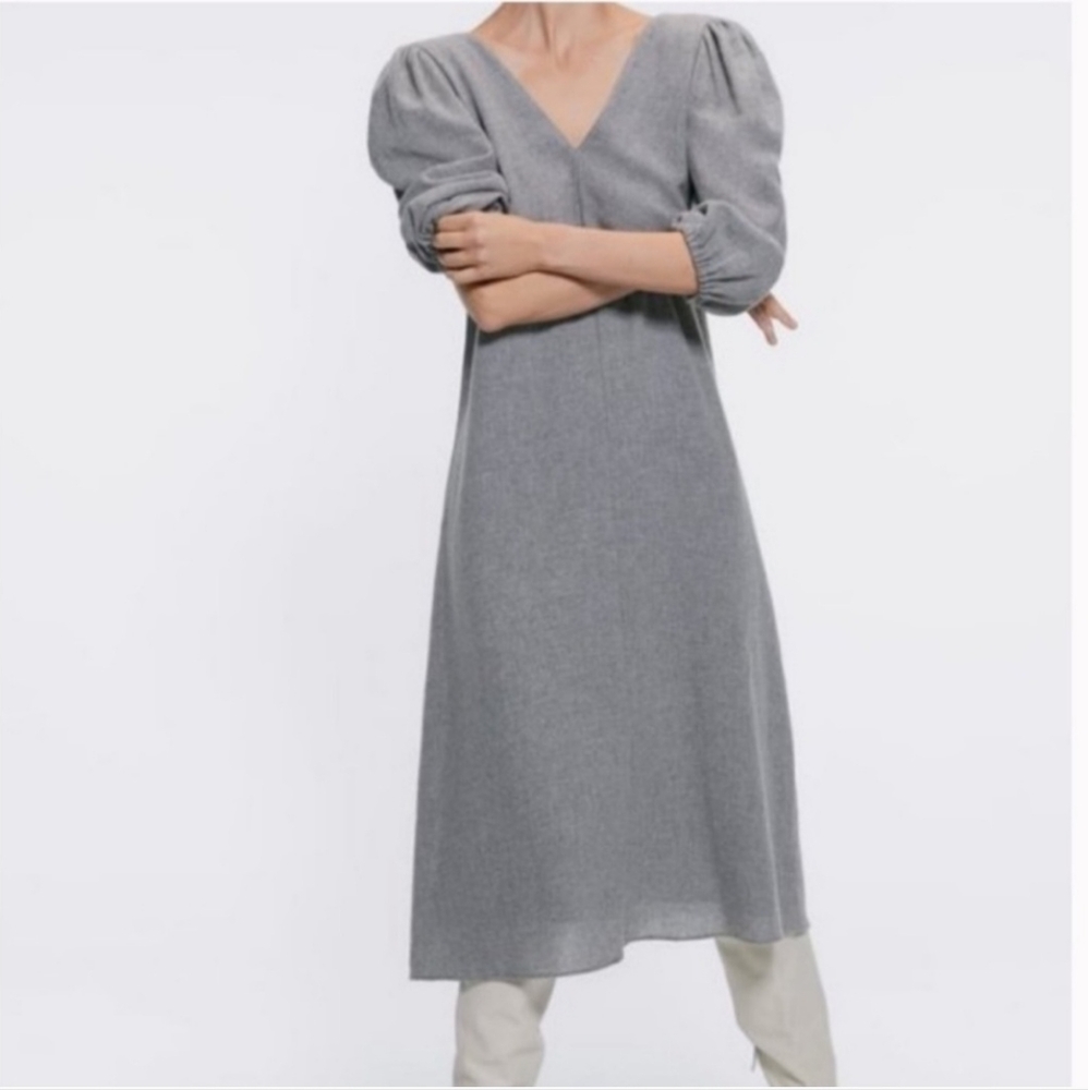 🔥ZARA Wool Blend Grey Minamalist Midi Lined V Neck Dress Women's‎ Size S …